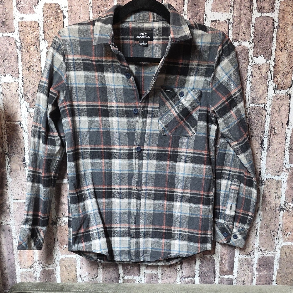 Kids Boys Girls O'Neill Plaid Button Down Shirt Gray Black Red Flannel